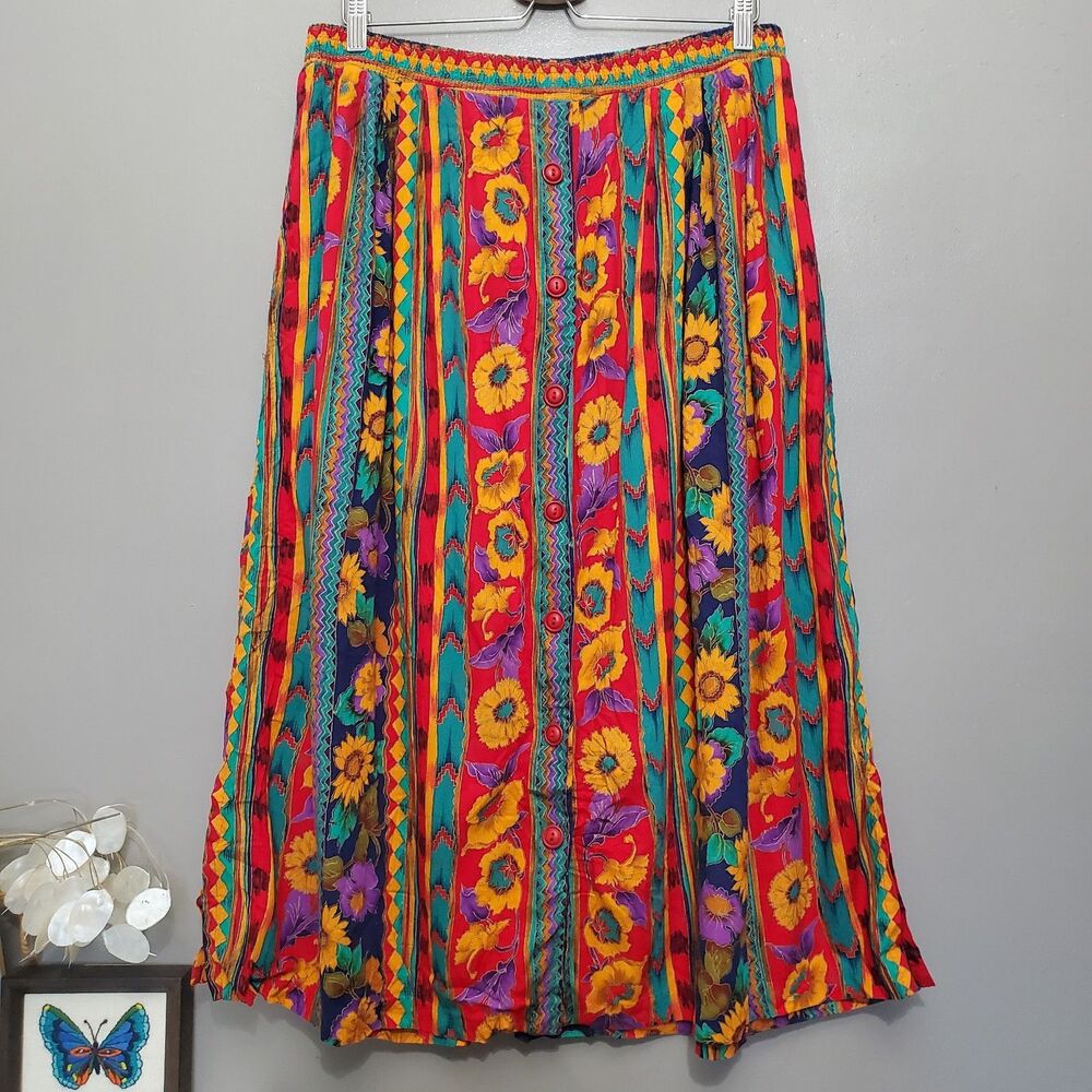 Vintage Koret Skirt Women's Size Large Multicolor Floral Button Front Midi Flowy